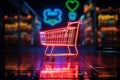 Iconic shopping cart in neon radiates, reflecting convenience in digital storefronts.