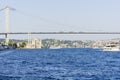 Iconic shot of Istanbul Bosphorus Bridge, Ortakoy Mosque and the ship Royalty Free Stock Photo