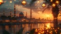 Iconic silhouettes of mosques against Ramadan sunset