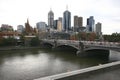 Iconic skyline in CBD on urban shore. Coastal cityscape of skyscrapers and Princes bridge on Yarra River, Melbourne, Victoria Royalty Free Stock Photo