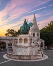 Iconic statue of St Stephen, lit by the golden sun in the historic city of Budapest, Hungary