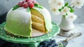 Iconic Swedish Princess layer cake with soft sponge whipped cream and raspberry jam. Covered with green almondy marzipan Royalty Free Stock Photo