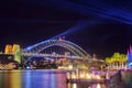 Sydney Harbour, Australia, lit up with colorful `Vivid Sydney` festival lighting