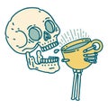 tattoo style icon of a skull drinking coffee