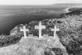 Three crosses on the top of Mount Sant`Elia, Palmi, Italy