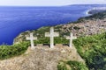 Three crosses on the top of Mount Sant`Elia, Palmi, Italy