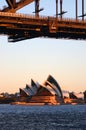 Iconic tourist attraction of Opera House on CBD waterfront below Sydney Harbor Bridge at dusk. Urban coastline with landmarks. Royalty Free Stock Photo