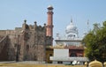Iconic view of badshahi mosque, samadhi of ranjit singh and lahore fort for background, selective focus
