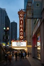 Iconic view of the historic Chicago Theater sign on the corner of Michigan and Madison Avenues Royalty Free Stock Photo