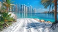 Iconic view of Modern skyscrapers city line and white sand beach with blue ocean water, panorama Royalty Free Stock Photo