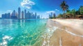 Iconic view of Modern skyscrapers city line and white sand beach with blue ocean water, panorama inspired by Dubai city Royalty Free Stock Photo