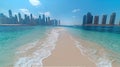 Iconic view of Modern skyscrapers city line and white sand beach with blue ocean water, panorama inspired by Dubai city Royalty Free Stock Photo