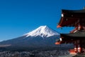 iconic view of Mount Fuji with the red Chureito pagoda and Fujiyoshida city from Arakurayama sengen park in Yamanashi Royalty Free Stock Photo