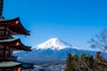 iconic view of Mount Fuji with the red Chureito pagoda and Fujiyoshida city from Arakurayama sengen park in Yamanashi Royalty Free Stock Photo