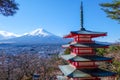 The iconic view of Mount Fuji with the red Chureito pagoda and Fujiyoshida city from Arakurayama sengen park in Yamanashi Royalty Free Stock Photo