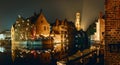 Iconic view of night Brugge in Belgium. Touristic poster. Royalty Free Stock Photo