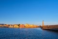 Iconic view of Old Venetian harbour , Chania, Crete, Greece in morning. Famous old port Lighthouse, Maritime museum Royalty Free Stock Photo