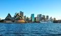 The iconic view of Sydney cityscape showing Opera house, Skyscraper and cruise at Harbour with warm sunset light. Royalty Free Stock Photo