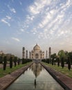 Iconic view of Taj Mahal one of the World Wonders at sunrise, Agra, India Royalty Free Stock Photo