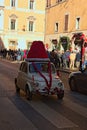 Iconic vintage Fiat 500. Stunning decorated car for celebrating Christmas and New Year Royalty Free Stock Photo