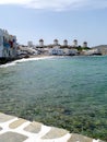 The iconic windmills on the hill of Mykonos town, Mykonos island Royalty Free Stock Photo