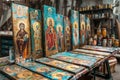 Iconography in the Process: Craftsmanship and Devotion in the Icon-Painting Workshop, Where Sacred Images Are Born and Royalty Free Stock Photo