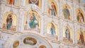 The Iconostasis inside an orthodox church. Video. Bottom view of the icons with the faces of the saints, concept of Royalty Free Stock Photo