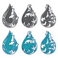 Oriental water wave in droplet shape icon. Japanese. Thai.