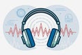 Illustration of large over-ear headphones with a soundwave pattern in red running behind them. Royalty Free Stock Photo