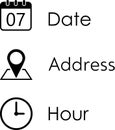 Icons of address, date and hour as set of reminder icons