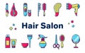 Icons for barber shop. Tools for the master in the beauty salon. Comb for hair, hair dryer, scissors, shampoo. Vector set of flat Royalty Free Stock Photo