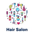 Icons for barber shop. Tools for the master in the beauty salon. Comb for hair, hair dryer, scissors, shampoo. Vector set of flat Royalty Free Stock Photo