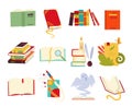 Icons of books vector set design style with dragon, bird feathers, candle, bookmark and ribbon. Books in a stack, open Royalty Free Stock Photo