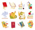 Icons of books vector set with dragon, bird feathers, candle, aple, bookmark and ribbon. Books in a stack, open, in a