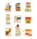 Icons of books vector set in a flat design style. Books in a stack, open, in a group, closed, on the shelf. Reading