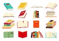 Icons of books vector set in a flat design style. Books in a stack, open, in a group, closed, on the shelf. Reading