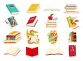 Icons of books vector set in a flat design style. Books in a stack, open, in a group, closed, on the shelf. Reading