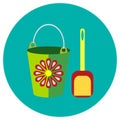Icons bucket and shovel of toys in the flat style. Vector image on a round colored background. Element of design, interface. Royalty Free Stock Photo