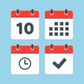 Icons calendar number 10, agenda app, timer, done