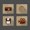 4 icons Camera, headphone, Diskette , Movie Camera
