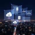 Icons for cloud storage servers and databases surrounded by network Royalty Free Stock Photo