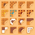 Set of bitten square cookies with crumbs on a waffle background. Vector illustration.