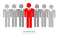 Icons creative illustration of business man with silhouettes of people on white background. The manager is in a suit . Search for