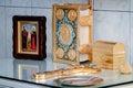 Icons of the crucifixion and the bible for the ordinance of baptism Royalty Free Stock Photo