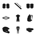 Icons of Cycling, bike. Set for bike, backpack protection, repair, form. Cyclist outfit icon in set collection on black