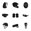 Icons of Cycling, bike. Set for bike, backpack protection, repair, form. Cyclist outfit icon in set collection on black