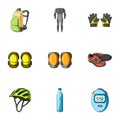 Icons of Cycling, bike. Set for bike, backpack protection, repair, form. Cyclist outfit icon in set collection on