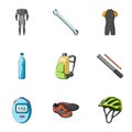 Icons of Cycling, bike. Set for bike, backpack protection, repair, form. Cyclist outfit icon in set collection on