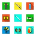 Icons of Cycling, bike. Set for bike, backpack protection, repair, form. Cyclist outfit icon in set collection on flat