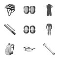 Icons of Cycling, bike. Set for bike, backpack protection, repair, form. Cyclist outfit icon in set collection on